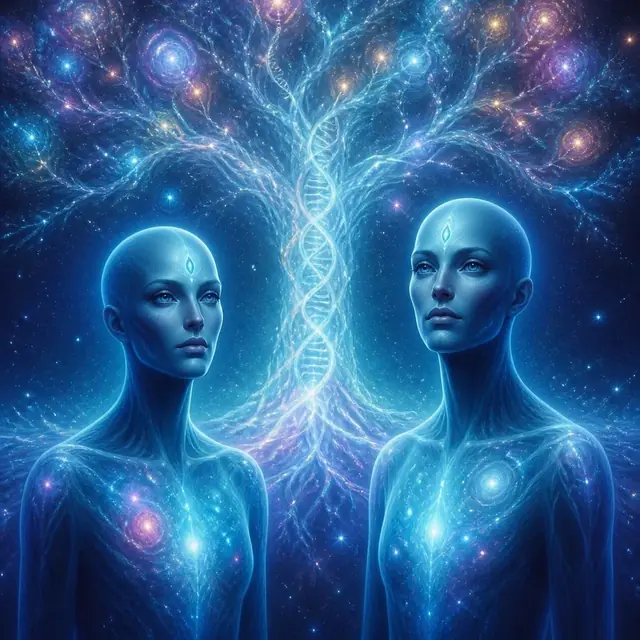 Seres de luz entre espirais de DNA, em tons de verde