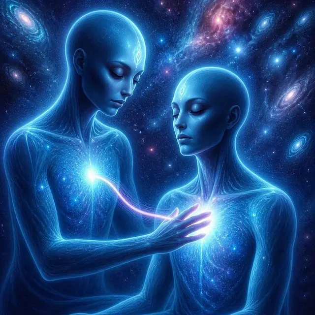 Terapeuta atendendo uma cliente, com geometrias de luz ao redor