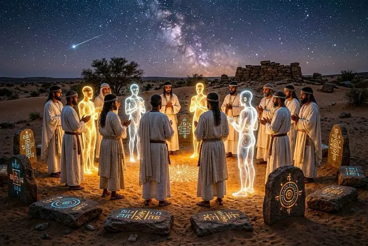 Curadores em círculo sob o céu estrelado, com as figuras de luz acesas