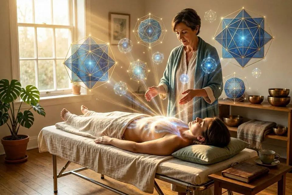 Terapeuta conduzindo uma sessão de cura, com geometrias de luz sobre a pessoa deitada na maca